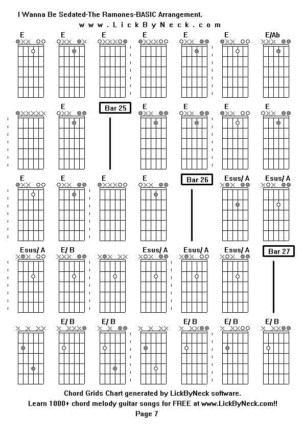 Chord Grids Chart of chord melody fingerstyle guitar song-I Wanna Be Sedated-The Ramones-BASIC Arrangement,generated by LickByNeck software.